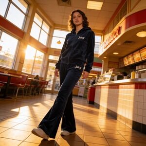 Juicy Couture Navy Blue Velour Tracksuit Hoodie Flare Pants Set Y2K Rhinestone
